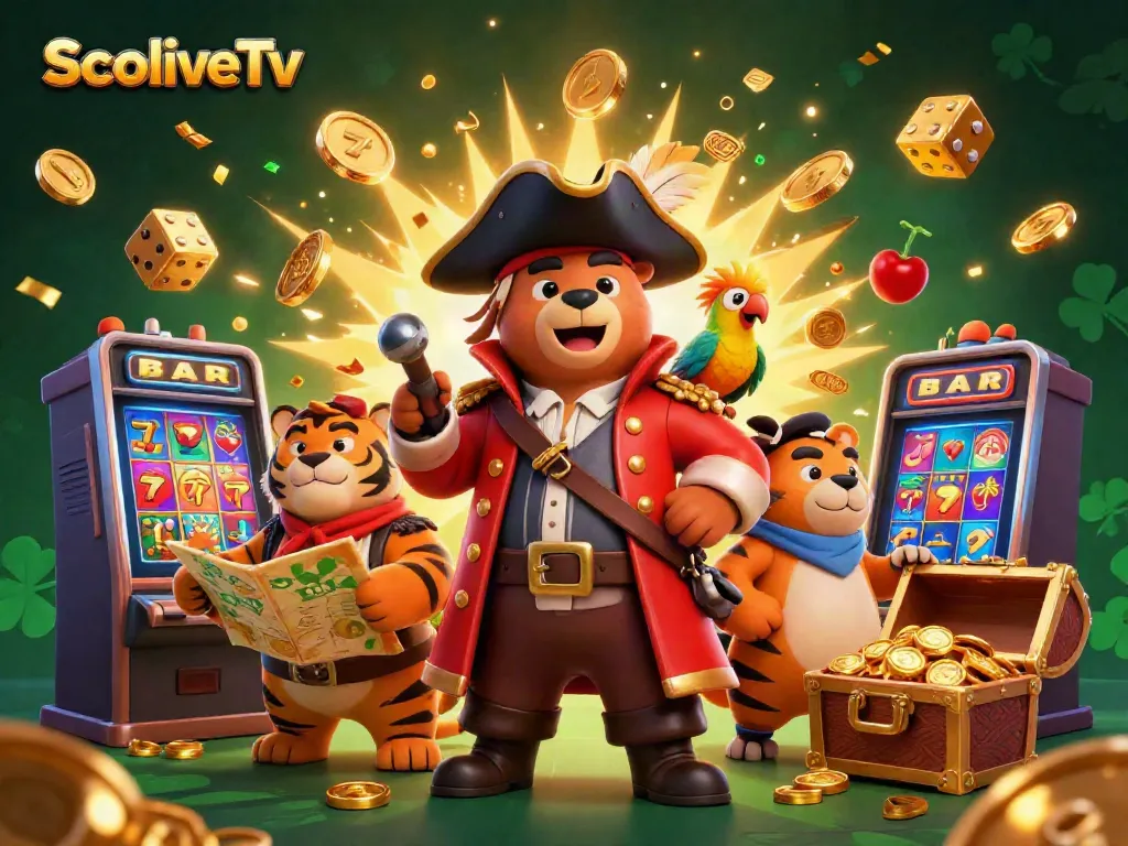 SocoliveTv delivers an exciting atmosphere, showcasing a lively gambling scene with colorful slots and vibrant casino characters.