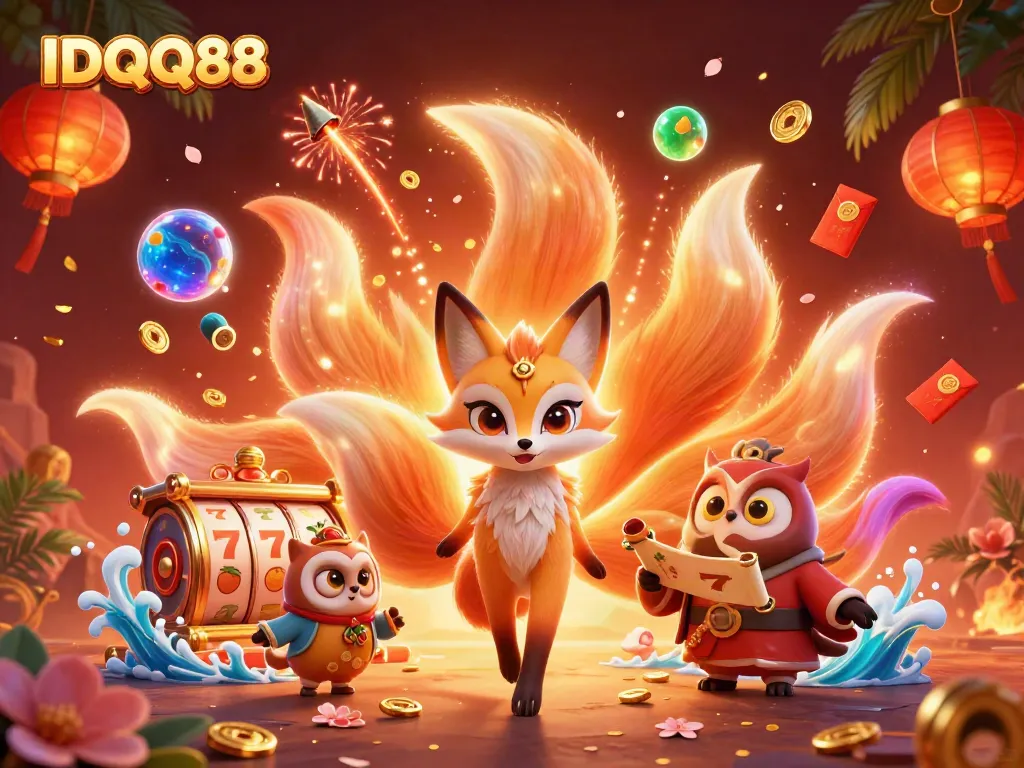 Win big with IDQQ88 as a glowing nine-tailed fox and wise owl animate a lively casino scene.