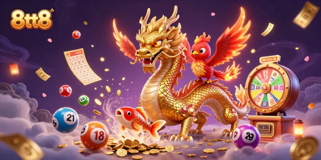 Engage with the vibrant magic of 8tt8 in a dynamic casino scene featuring lucky symbols.