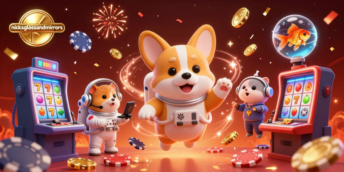 Immerse in the gaming universe of nicksglassandmirrors with a floating corgi, money, and festive elements.