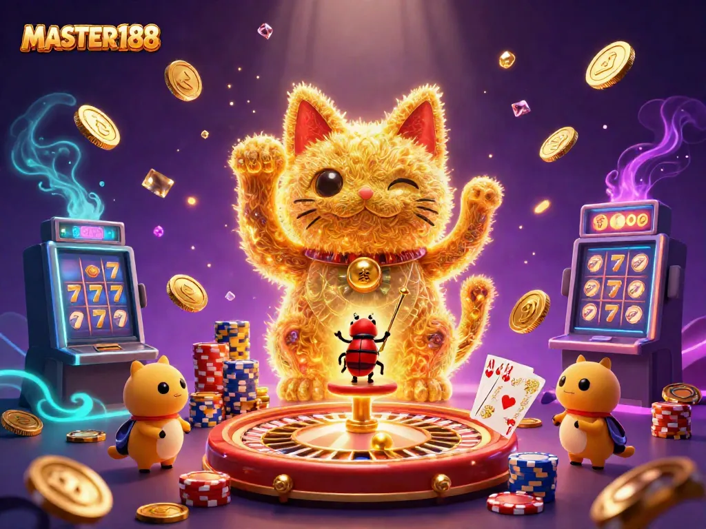 Engage with MASTER188 as a captivating lucky cat creation amid a dynamic casino scene filled with games and treasures.