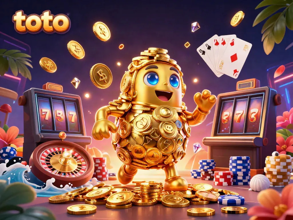 Experience the thrill of toto with a golden golem surrounded by coins, chips, and spinning roulette.