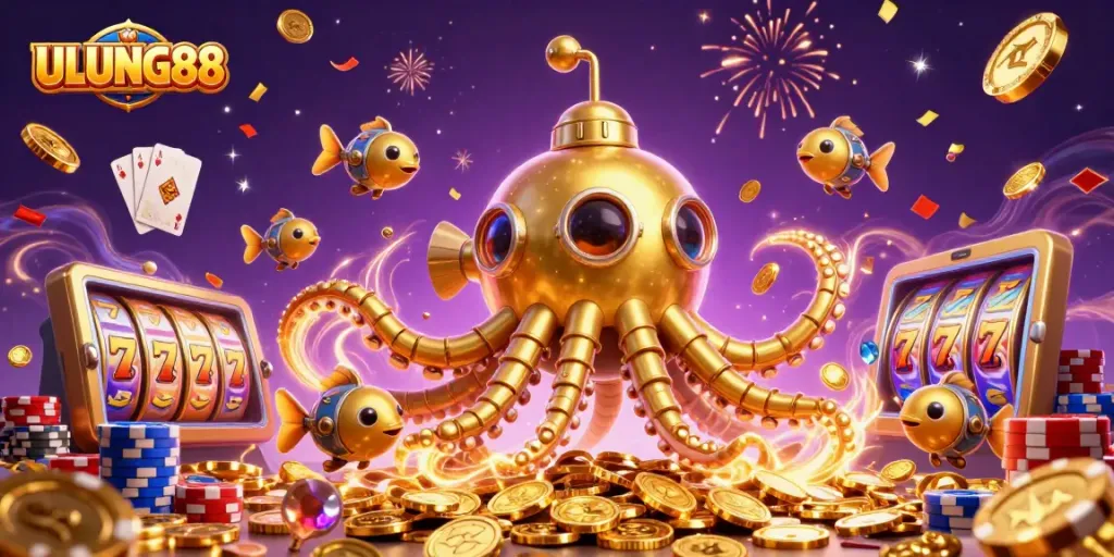 Spin the reels and win at ULUNG88 with a dazzling display of a golden kraken submarine amidst a sea of coins.
