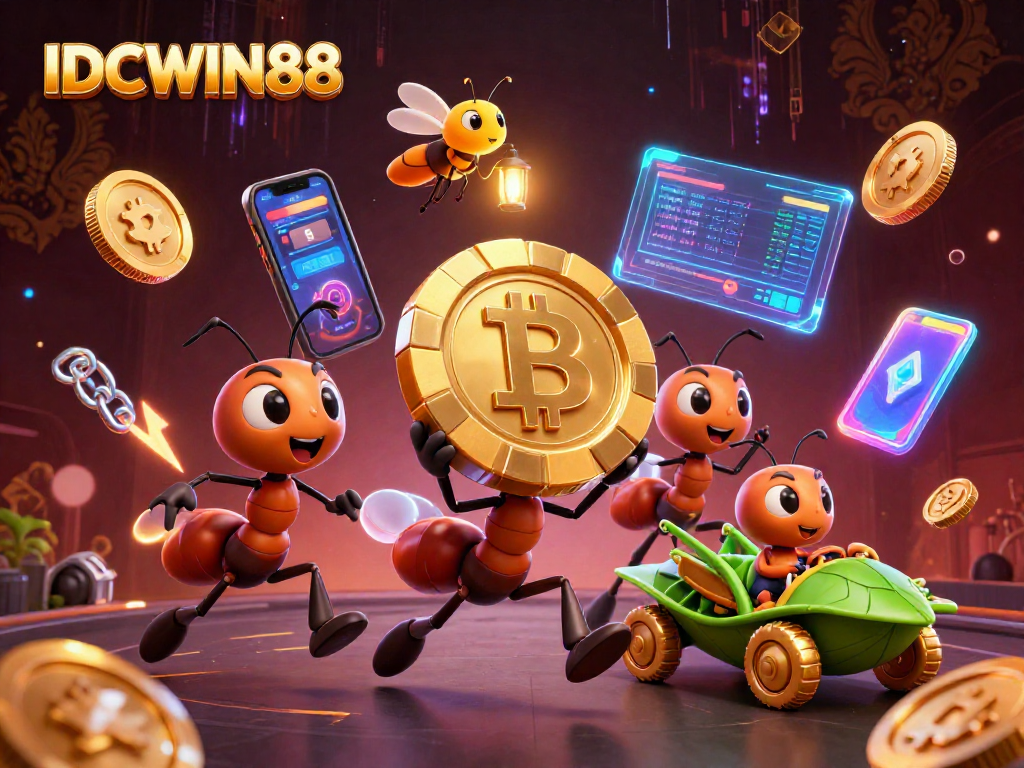 Engage with IDCWIN88's thrilling heist as cartoon ants carry a giant poker chip.