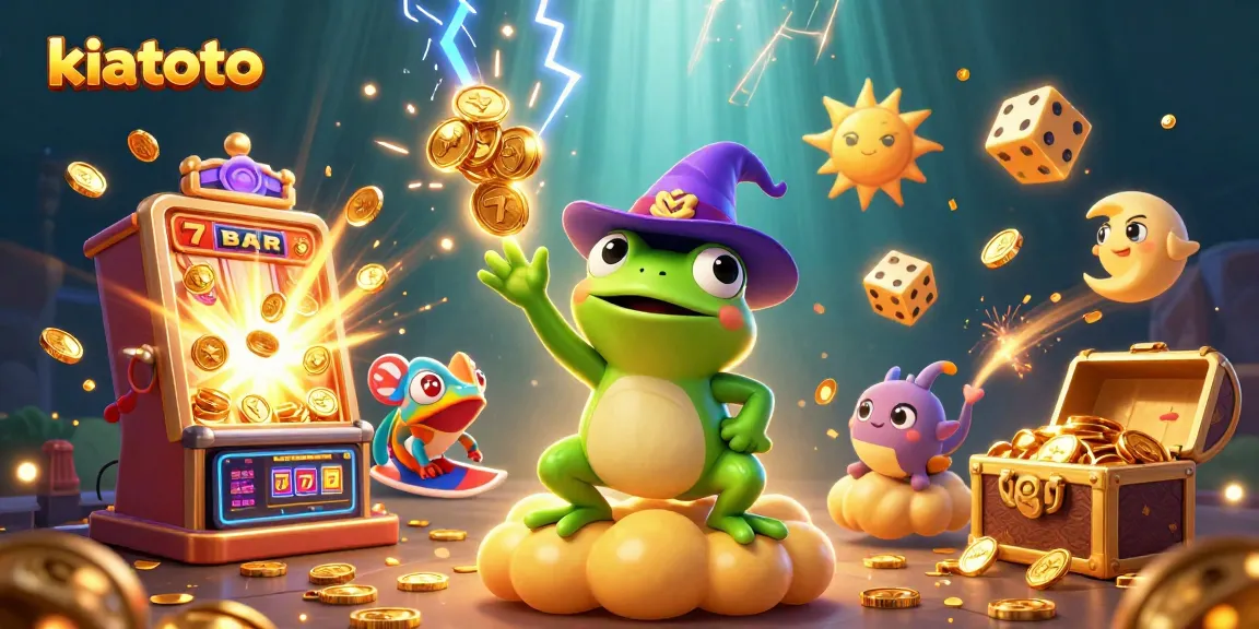Experience thrilling kiatoto action with a dynamic 3D scene of a frog wizard and chameleon amid casino elements.