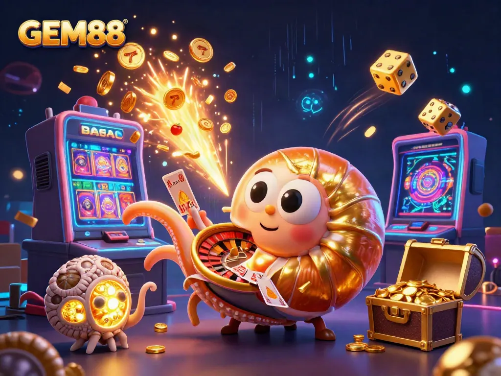 Experience the thrill of GEM88's online gaming universe with vibrant 3D illustration of roulette and jackpot moments.