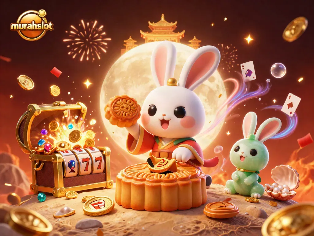 Win big with murahslot in a vibrant 3D casino scene showcasing playful characters and exciting slot symbols.