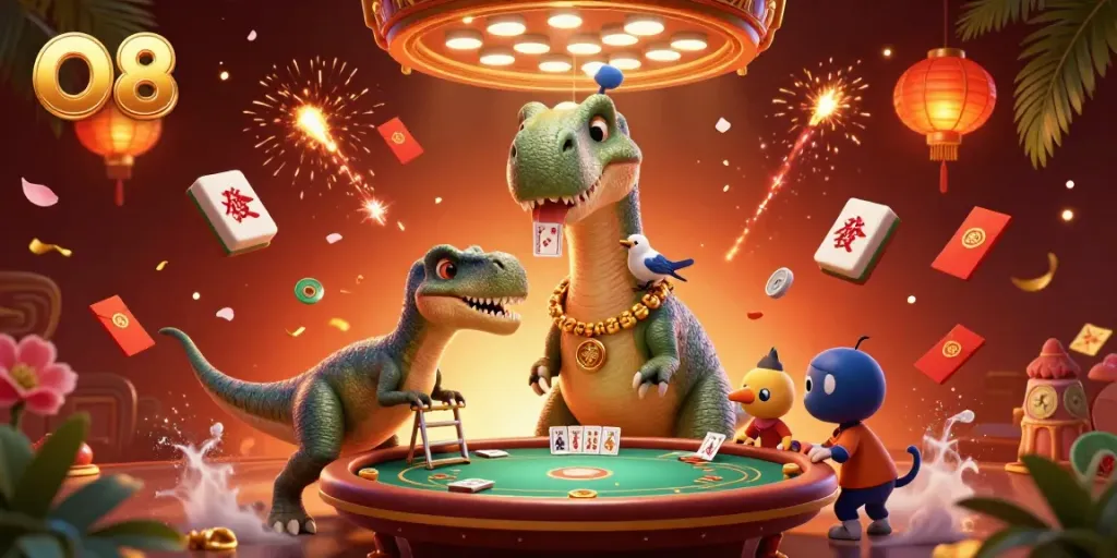 Engage with O8's thrilling casino experience where a cartoon brontosaurus oversees the poker table.