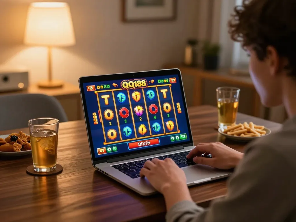 Berkecimpung dengan permainan QQ188 Slot di laptop, menangkap suasana permainan rumah yang cerah.