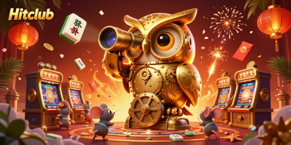 Experience the excitement of Hitclub with a vibrant casino scene featuring a golden owl and whimsical elements.