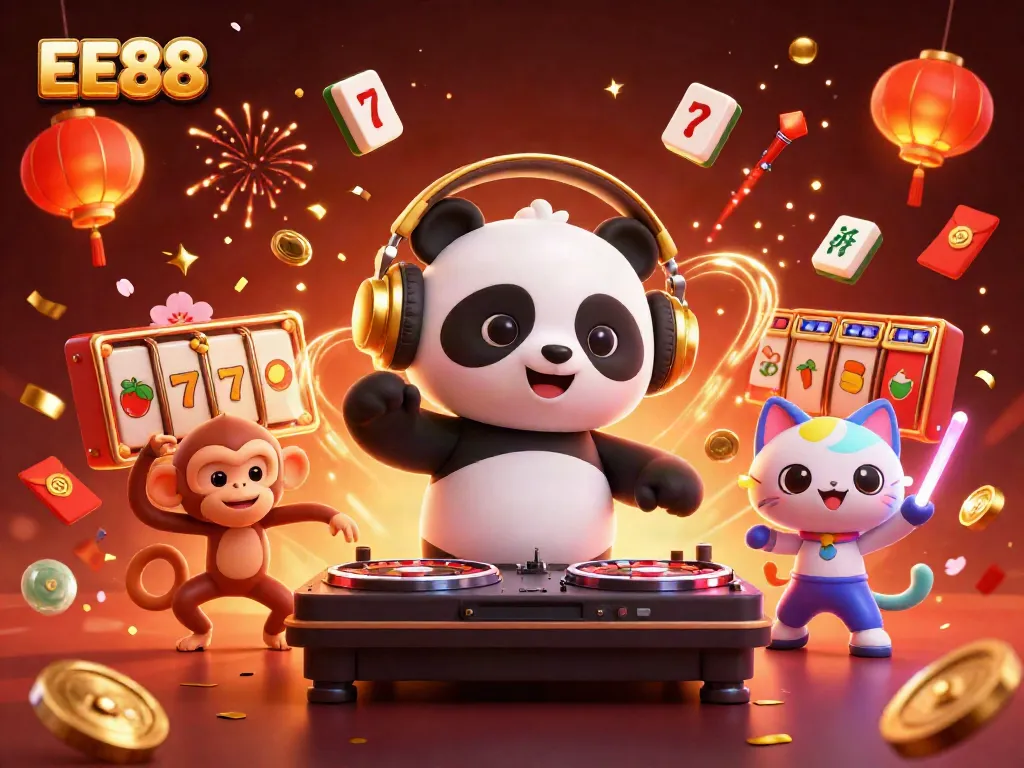 Join the fun with EE88 as a DJ panda spins slots and celebrates with vibrant characters in a lively casino scene!