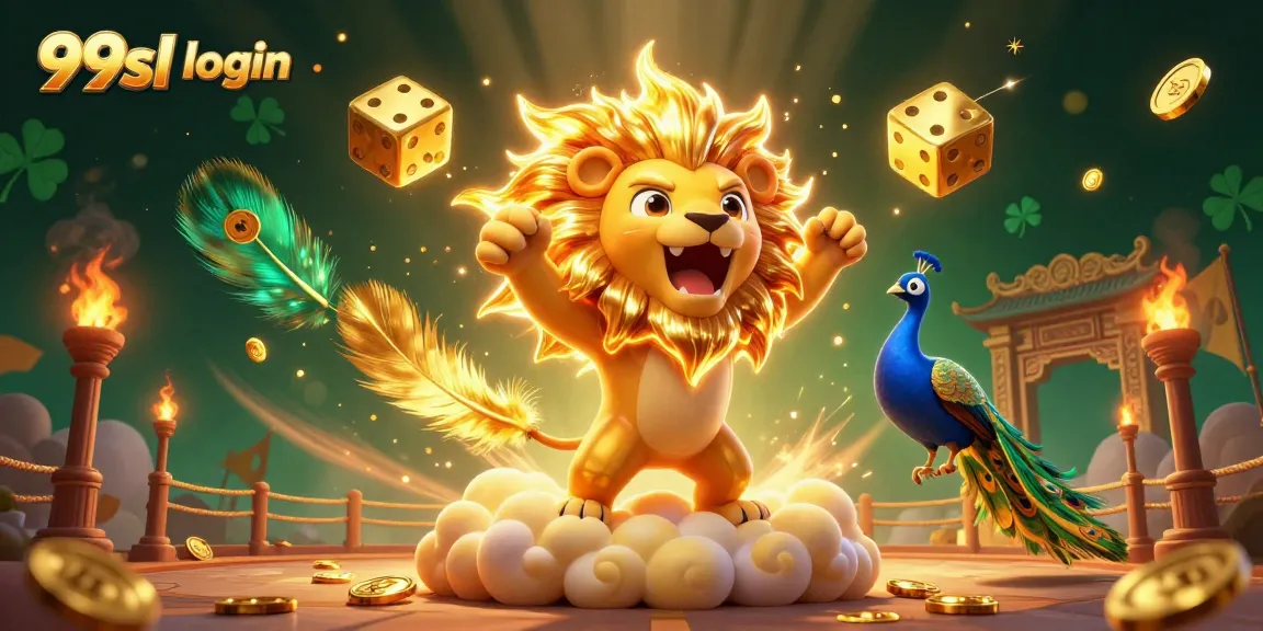 Engage in 99sl login excitement with golden dice and a roaring lion in a vibrant casino scene.