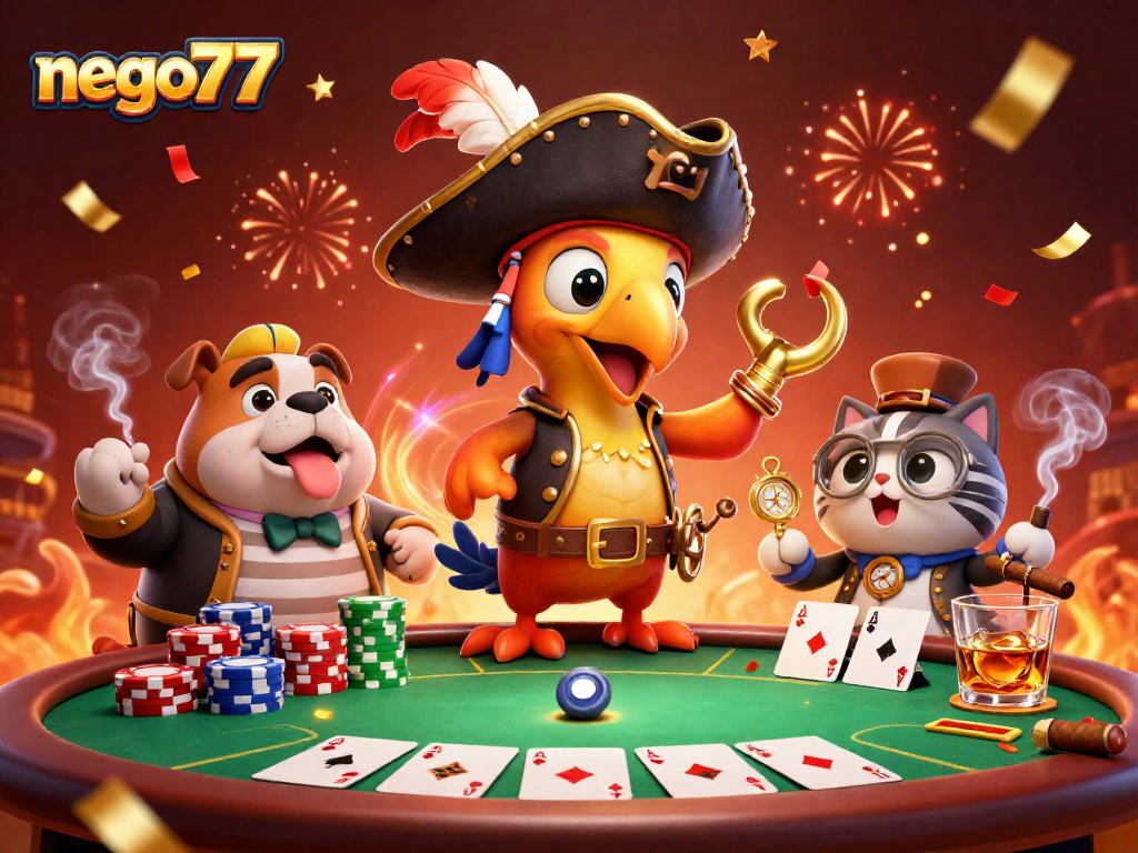 Nego77 enhances betting fun with a vibrant scene featuring a cartoon pirate captain and casino action.