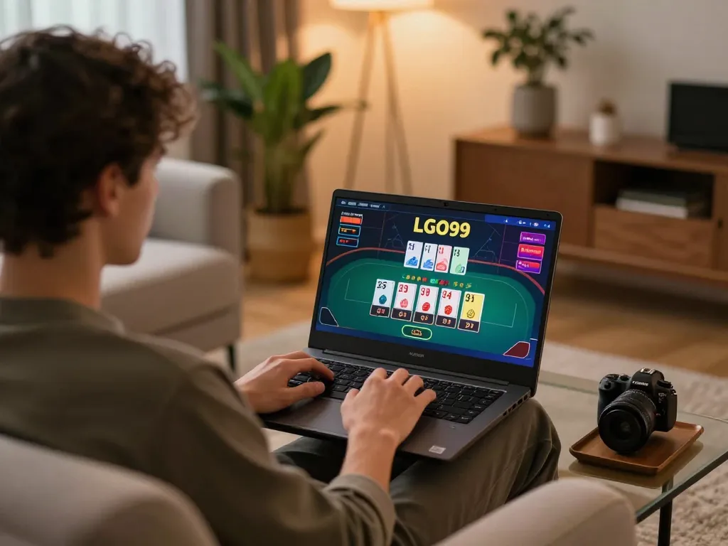 LGO99 player engaging in live blackjack from a cozy home setup with strategic focus.