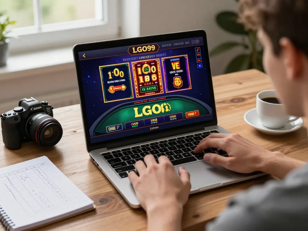 Pengguna LGO99 menikmati slot online di laptop di rumah dengan strategi taruhan yang terlihat.