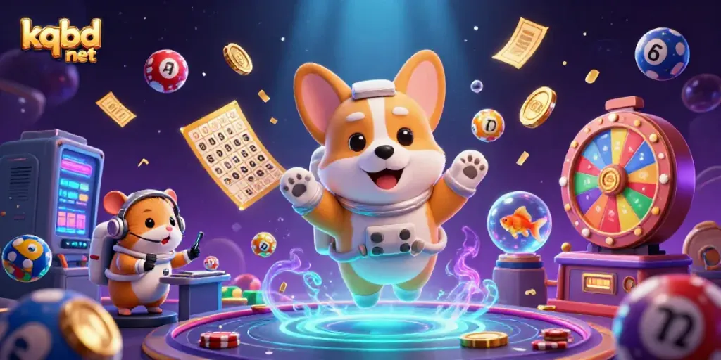 Experience kqbd net in a vibrant casino scene with a floating corgi and dynamic elements.