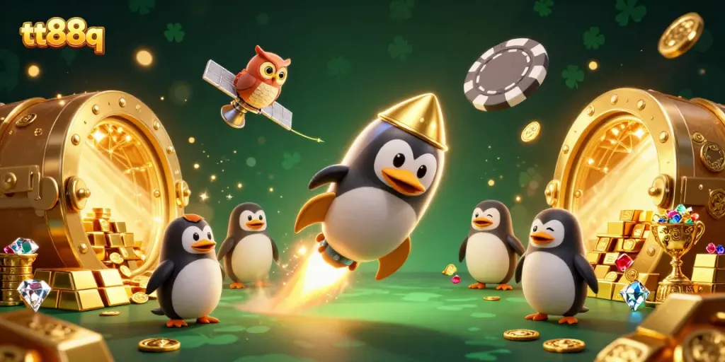 Experience the thrilling journey of the tt88q rocket penguin in a vibrant casino galaxy.