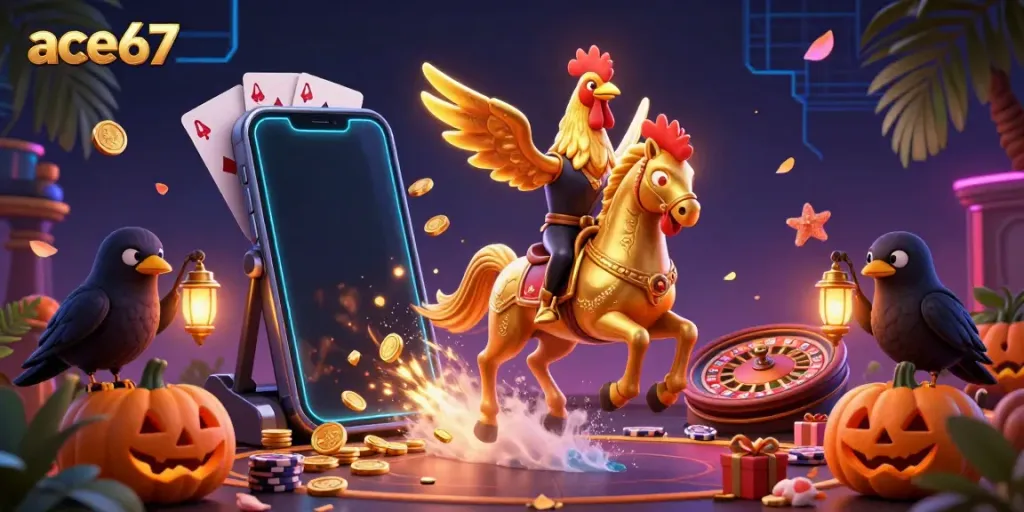 Engage with ace67 in a vibrant casino scene featuring a golden rooster and spooky lanterns.