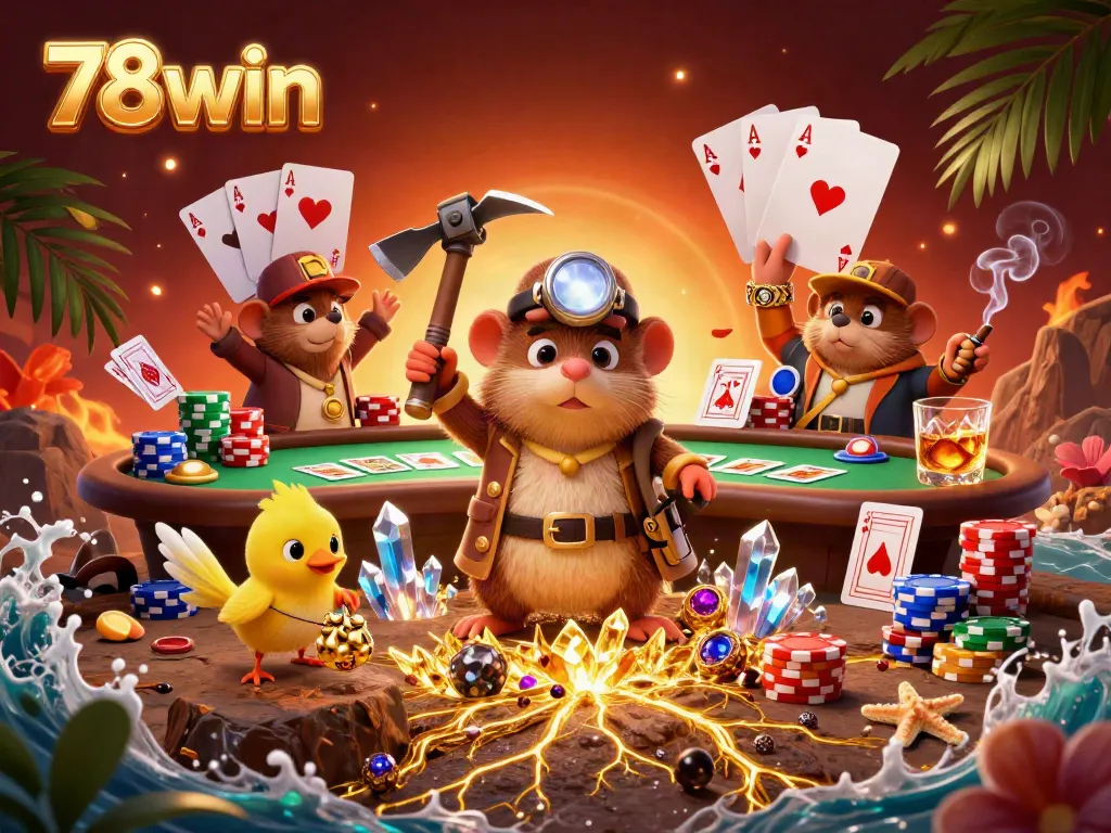 Engage with 78win's vibrant 3D scene featuring a treasure hunter mole and poker elements.