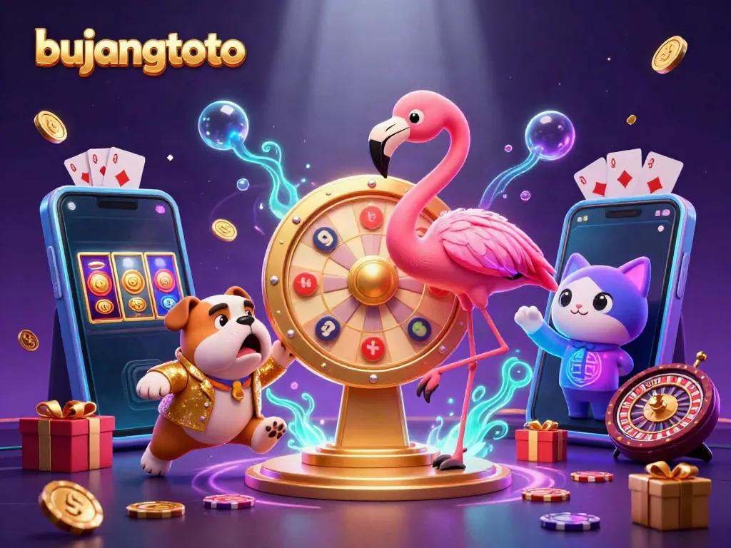 Bujangtoto showcases vibrant cartoon casino scene with excited characters and dynamic game elements.