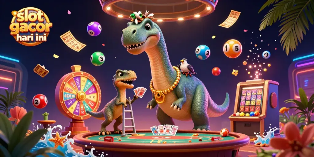 Menangkan slot gacor hari ini dengan ilustrasi brontosaurus dan raptor di kasino.