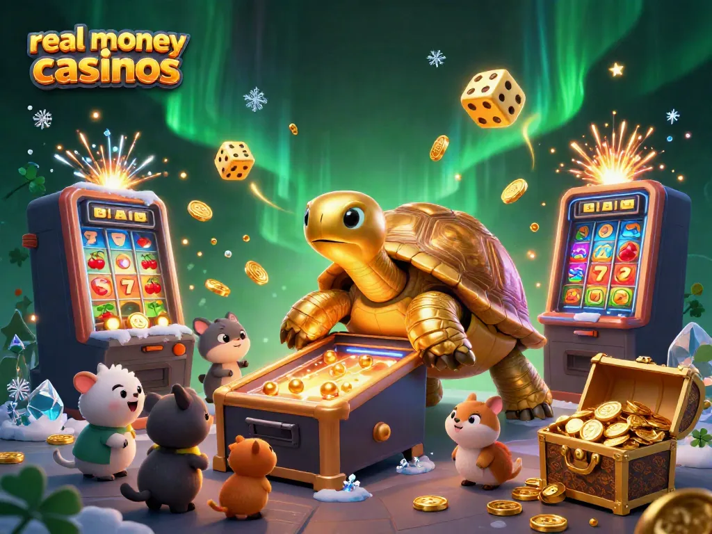 Experience excitement at real money casinos with a vibrant 3D tortoise-themed illustration featuring colorful games.