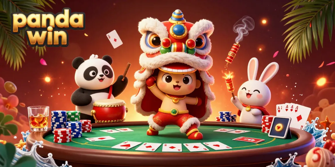 Panda win illustration featuring a vibrant lion dance with a panda and rabbit amidst poker elements.
