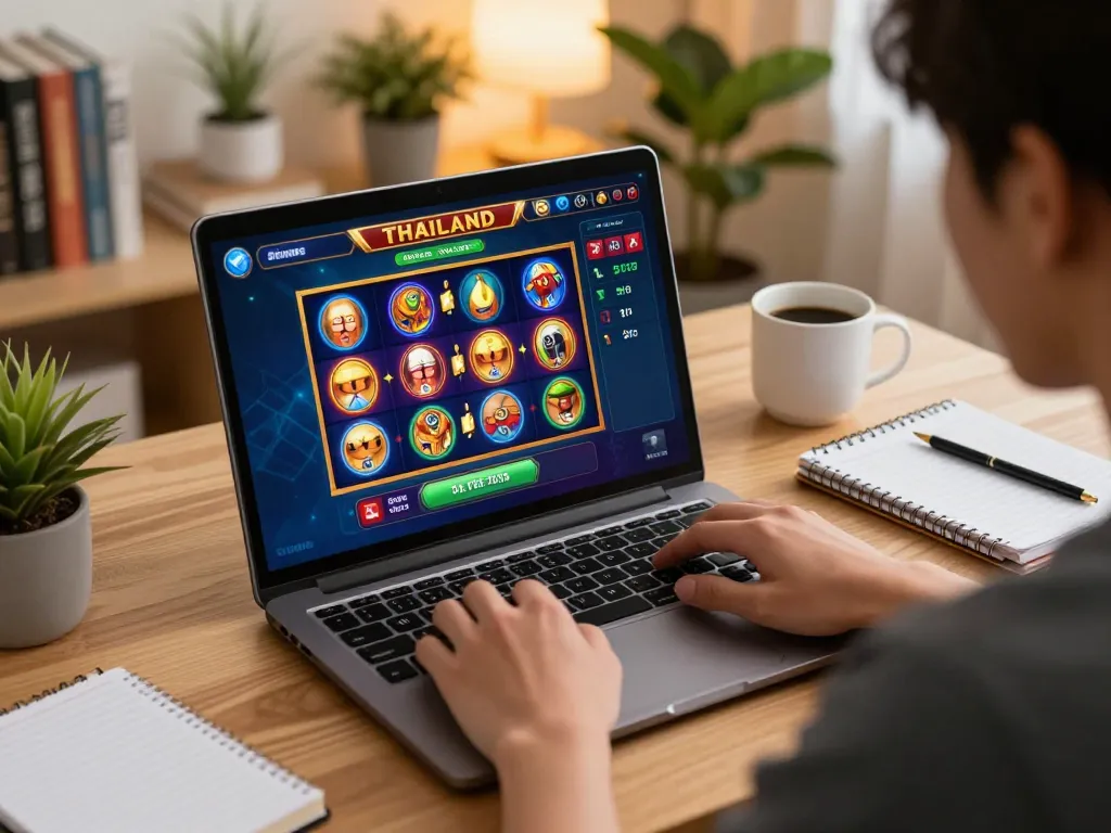 Engaged player enjoying slot thailand games on a laptop at home, signifying a responsible gaming experience.