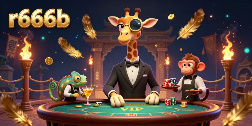 Experience the thrill of r666b online gambling with a high-roller giraffe at a VIP poker table, dynamic casino elements swirling around.