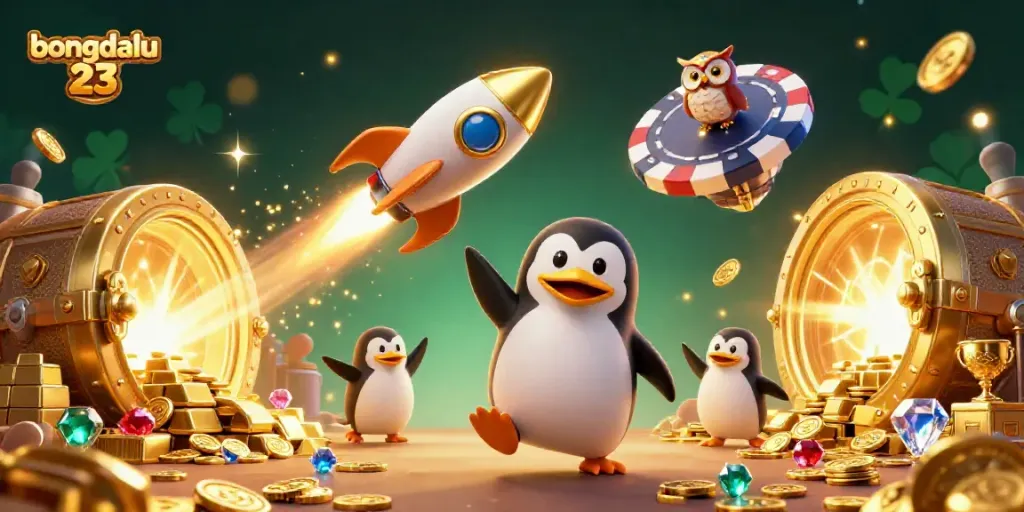 Bongdalu 23 showcases excitement with a cartoon rocket penguin, golden coins, and a casino poker chip in a vibrant cosmic setting.