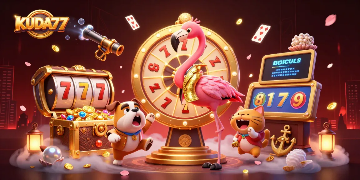 Gambarkan KUDA77 dengan animasi menarik, pemain bulldog dan flamingo host berputar di atas roda hadiah.