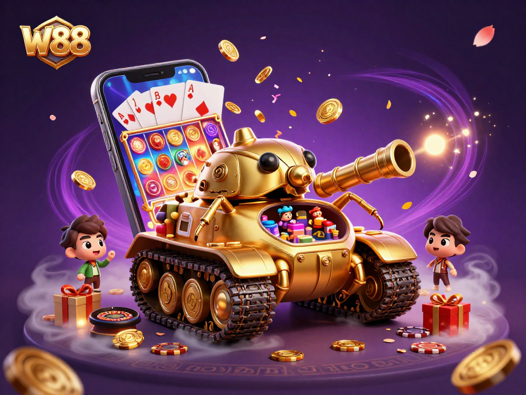 Engage with W88's vibrant casino experience featuring colorful slot games and dynamic action.