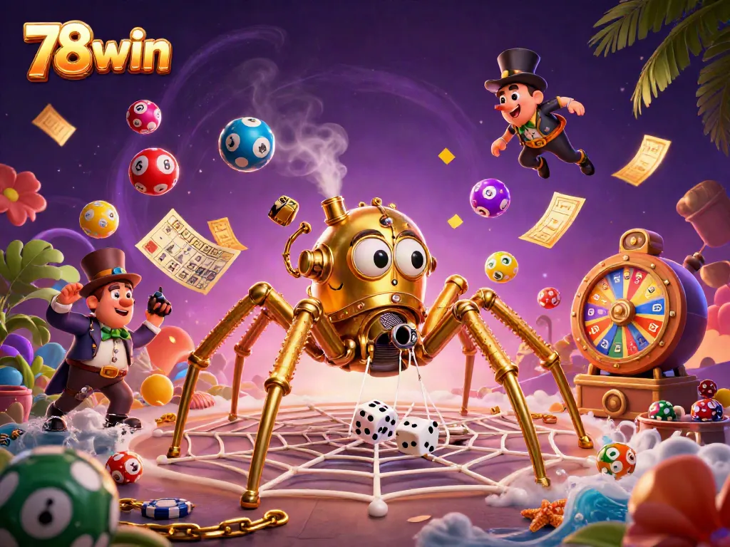 Experience thrilling gameplay at 78win with a steampunk spider capturing dice and vibrant lottery elements.