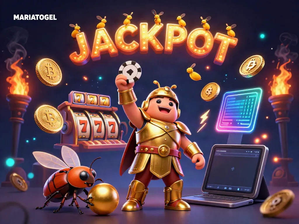 Join MARIATOGEL for epic casino victories, featuring a cartoon beetle in golden armor and jackpot symbols.