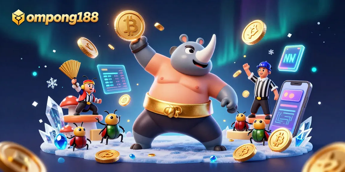 ompong188 mengamati pertandingan judi dengan emas berkilau, transaksi cryptocurrency, dan suasana meriah.