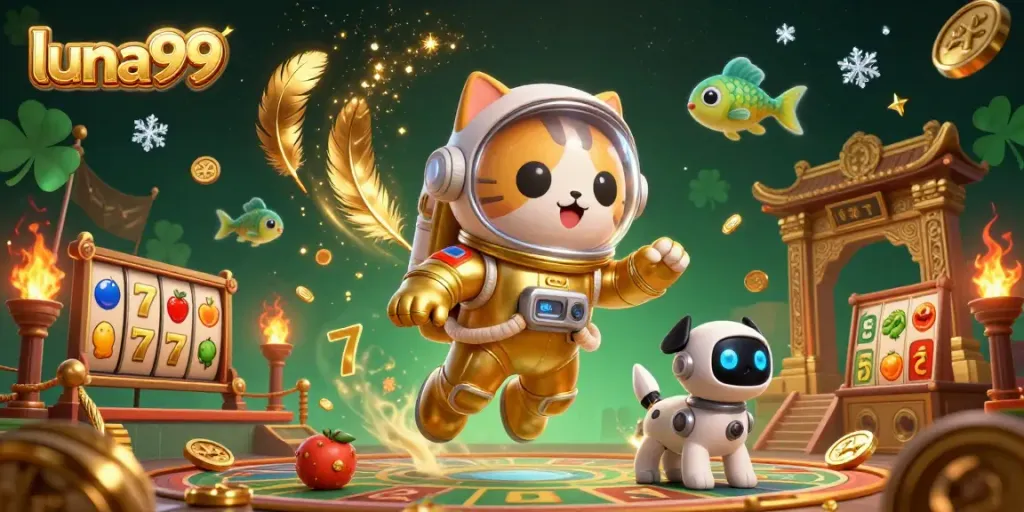 Gambarlah kasino online yang menampilkan karakter luna99 dengan simbol slot dan koin emas.
