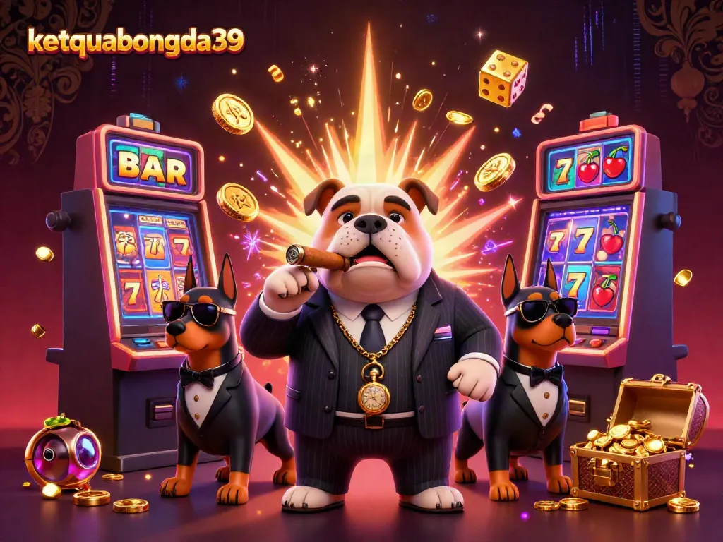 Engage with the excitement of ketquabongda39 as a mafia boss bulldog and his bodyguards celebrate a jackpot explosion in this dynamic casino scene.