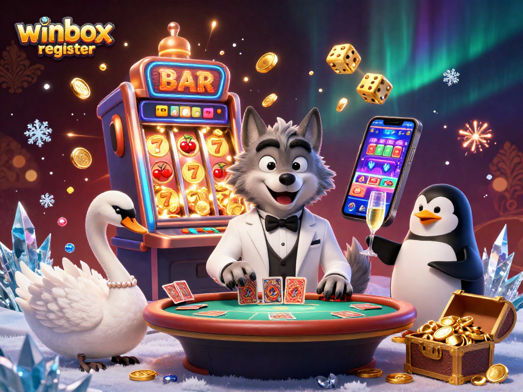 Experience the excitement of winbox register with this vibrant casino illustration depicting lively characters and gaming elements.