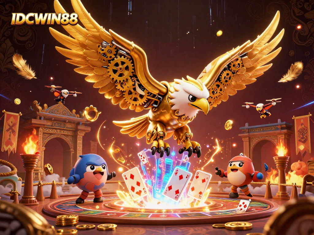 Experience thrilling gameplay at IDCWIN88 with a cybernetic golden eagle navigating holographic cards and vibrant casino elements.