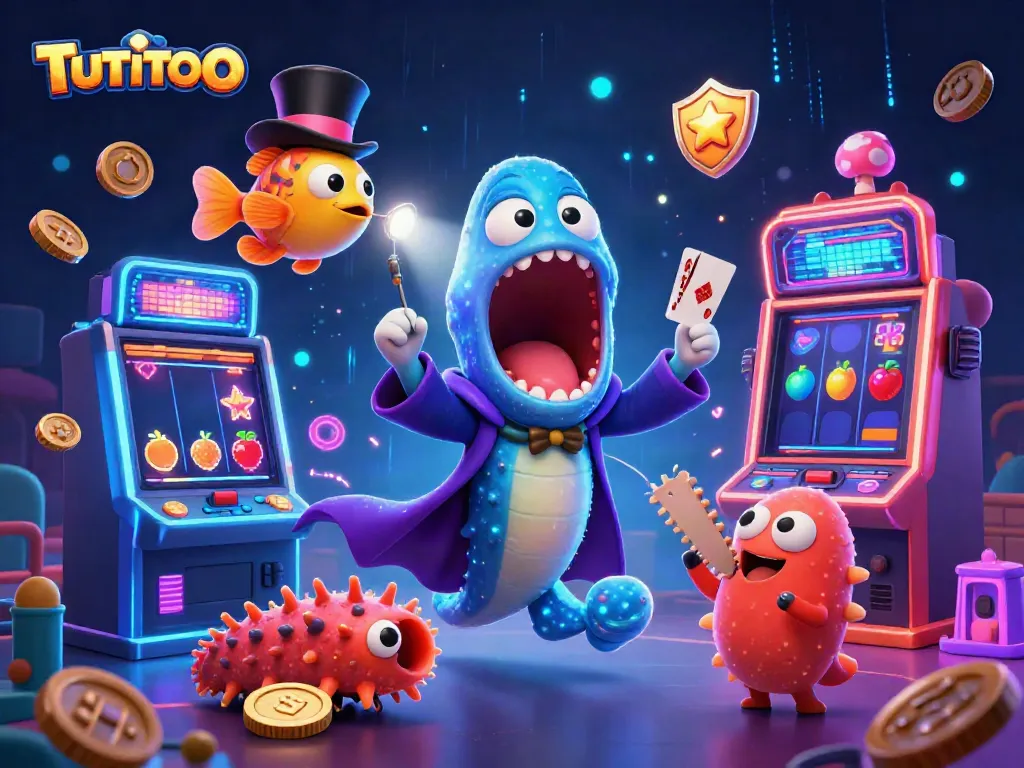 Experience TUTITOTO's thrilling magic showdown in this vibrant 3D casino illustration with captivating characters.