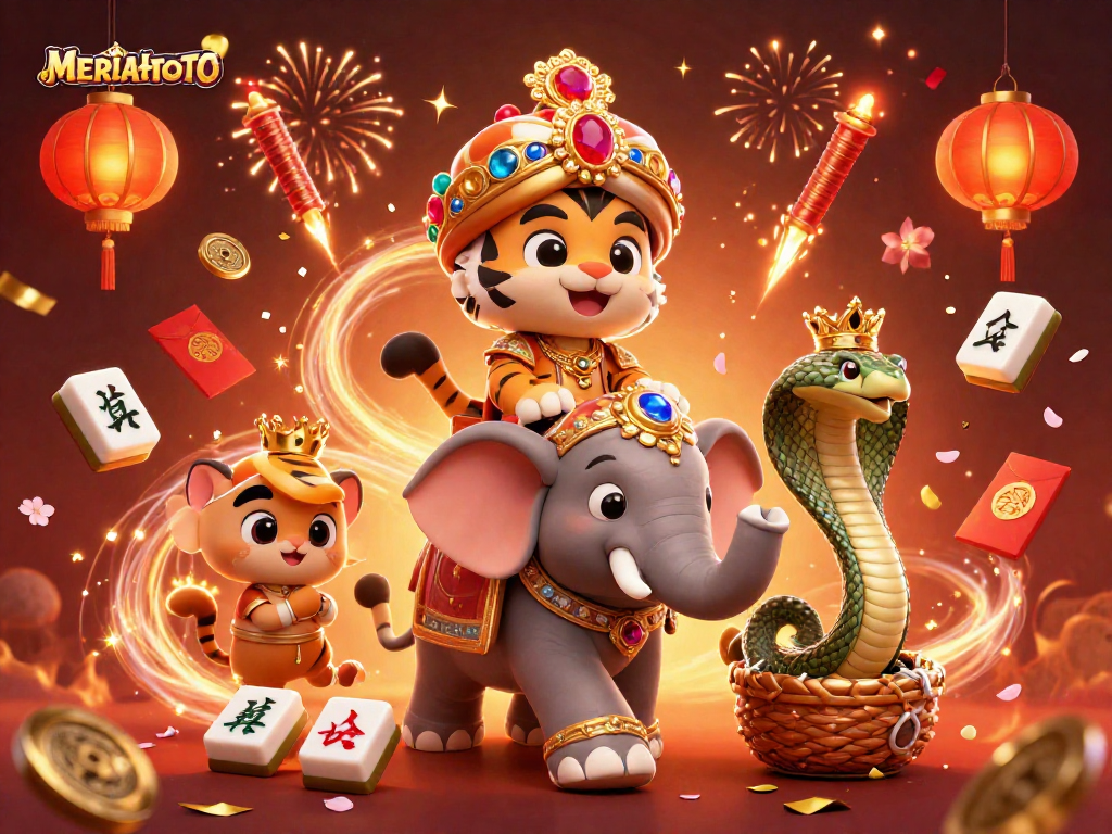 MERIAHTOTO menghadirkan suasana kasino dengan harimau maharaja dan gajah yang berhiaskan permata.