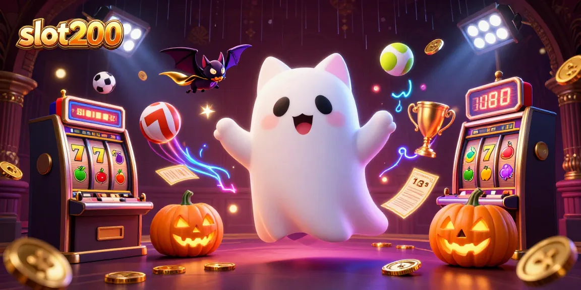 Slot200 menghadirkan pengalaman seru dengan kucing hantu lucu, mesin slot, dan simbol keberuntungan.