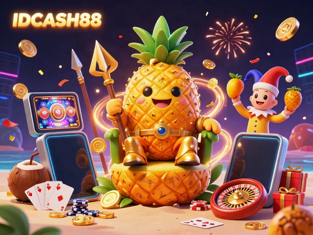 Experience IDCASH88 at the vibrant beach casino with golden elements and thrilling slot games.