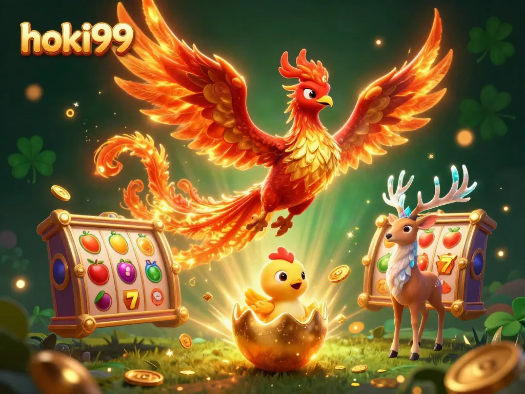 Hoki99 menampilkan phoenix berapi dan slot jackpot bersinar di latar dalam suasana keberuntungan.