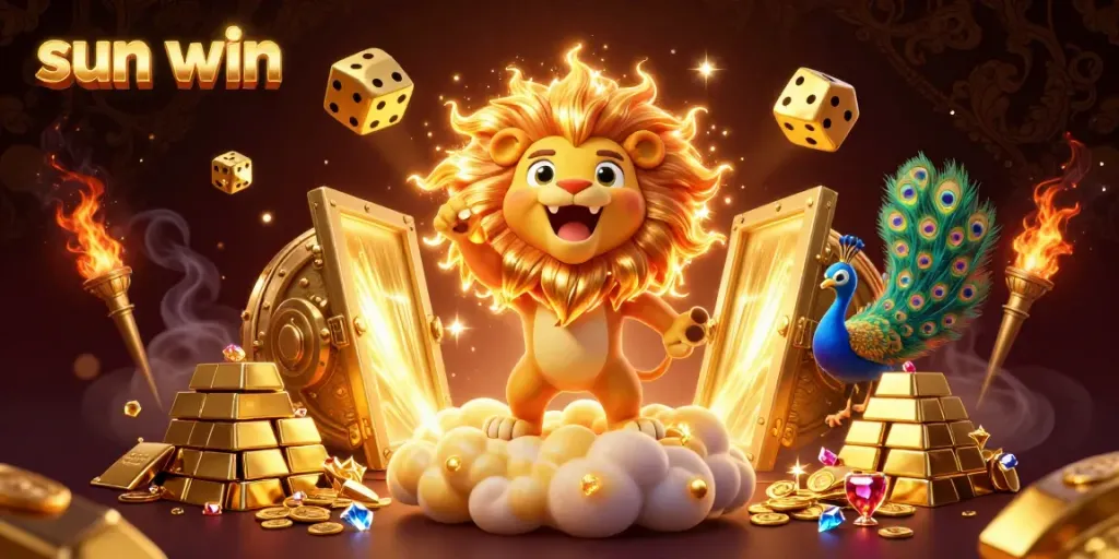 Experience the thrill of sun win with a vibrant 3D casino scene featuring a roaring lion and golden treasures.