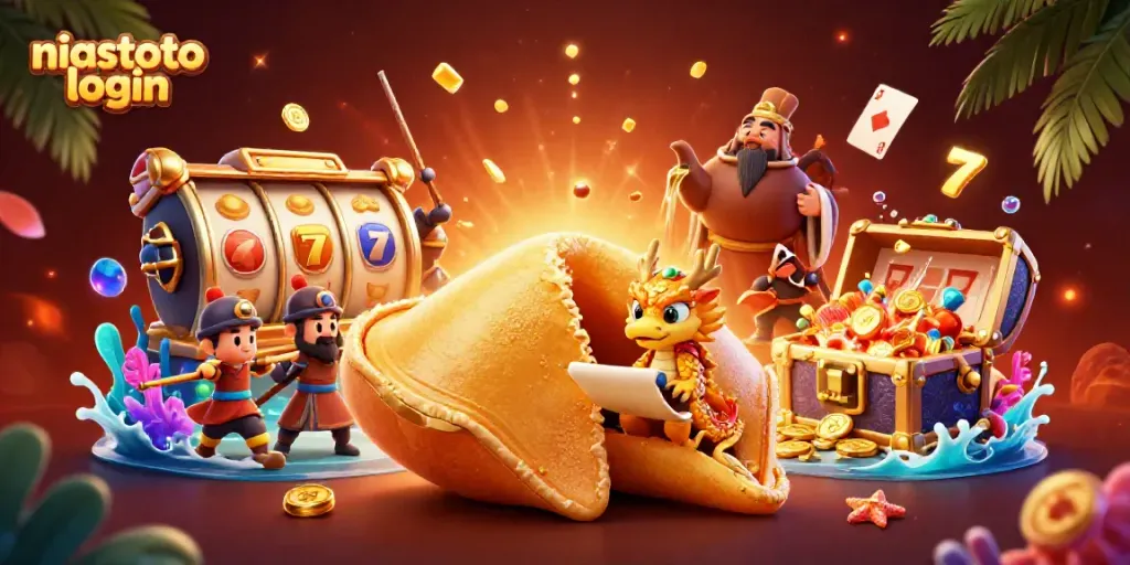 Aksi niastoto login dengan karakter arus emas, simbol slot, dan naga bijak, mengundang keberuntungan.