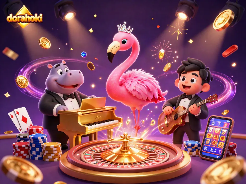 Gambarkan pengalaman dorahoki yang seru dengan penyanyi flamingo dan bassist hippo di kasino yang glamor.