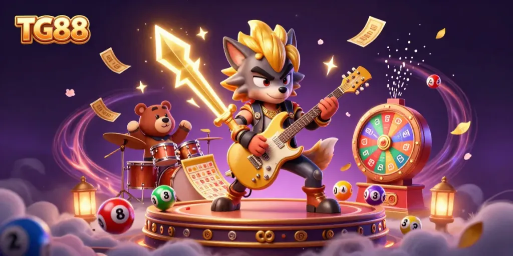 TG88 ignites excitement with a cartoon wolf rock star on stage amidst vibrant casino elements.