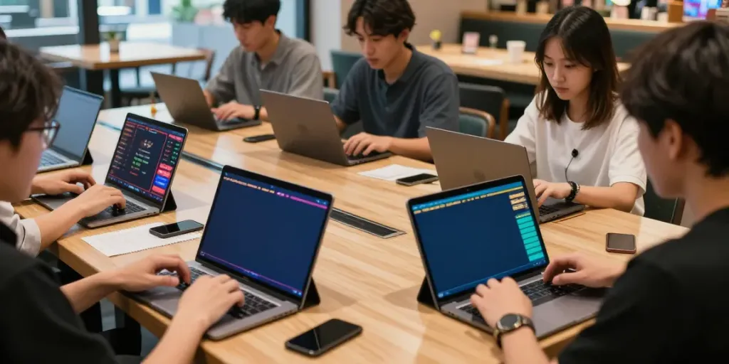 Pengguna togel online sedang memasang taruhan di kafe modern dengan suasana ceria.