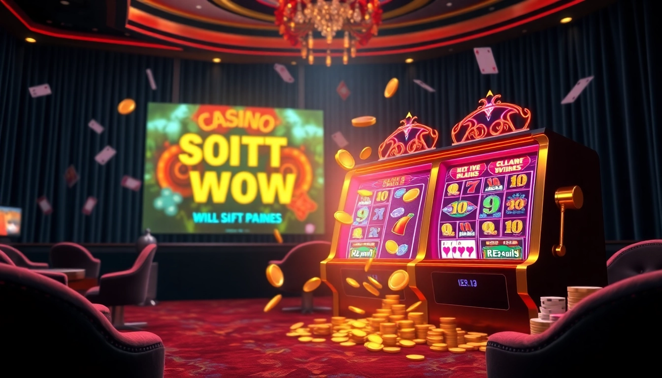 Experience thrilling wins in a vibrant slot demo environment showcasing animated slot machines and casino elements.